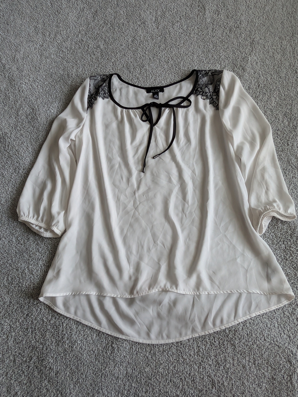 🌼B2G1🌼 ALYX White Tie-Neck Blouse with Black Trim Size Med